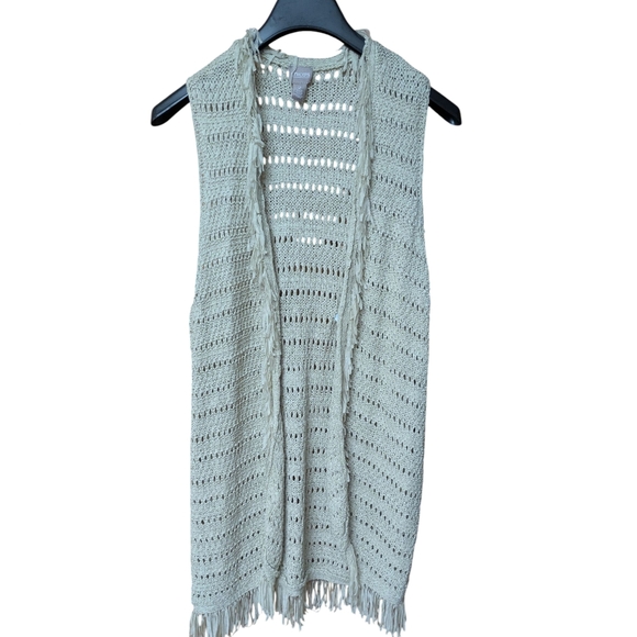 Chico's Sweaters - Chicos Tan Fringe Open Knit Cardigan Vest Size 2 Large
